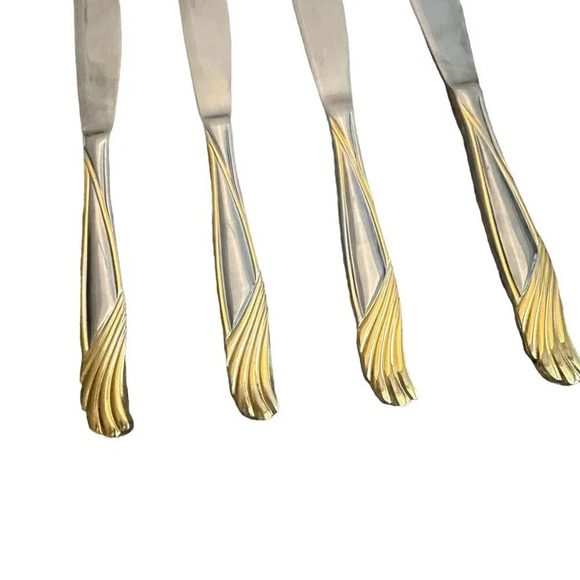 Cambridge Stainless Florentine Set of 4 Solid Butter Knives Silver Gold 8 5/8" - Picture 4 of 6